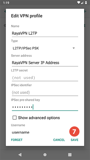 How to set up L2TP VPN on Android Pie: Step 7
