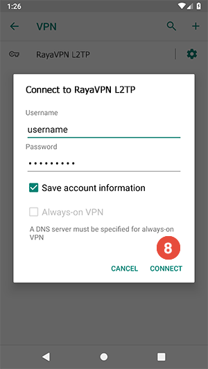 How to set up L2TP VPN on Android Pie: Step 8