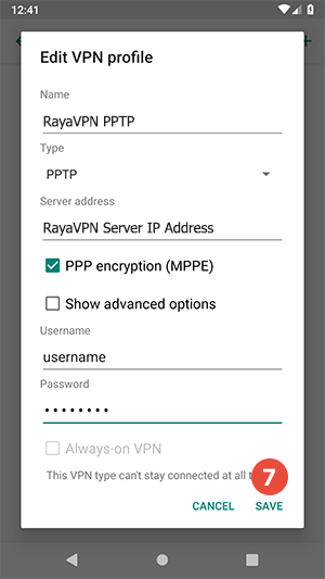 How to set up PPTP VPN on Android Pie: Step 7